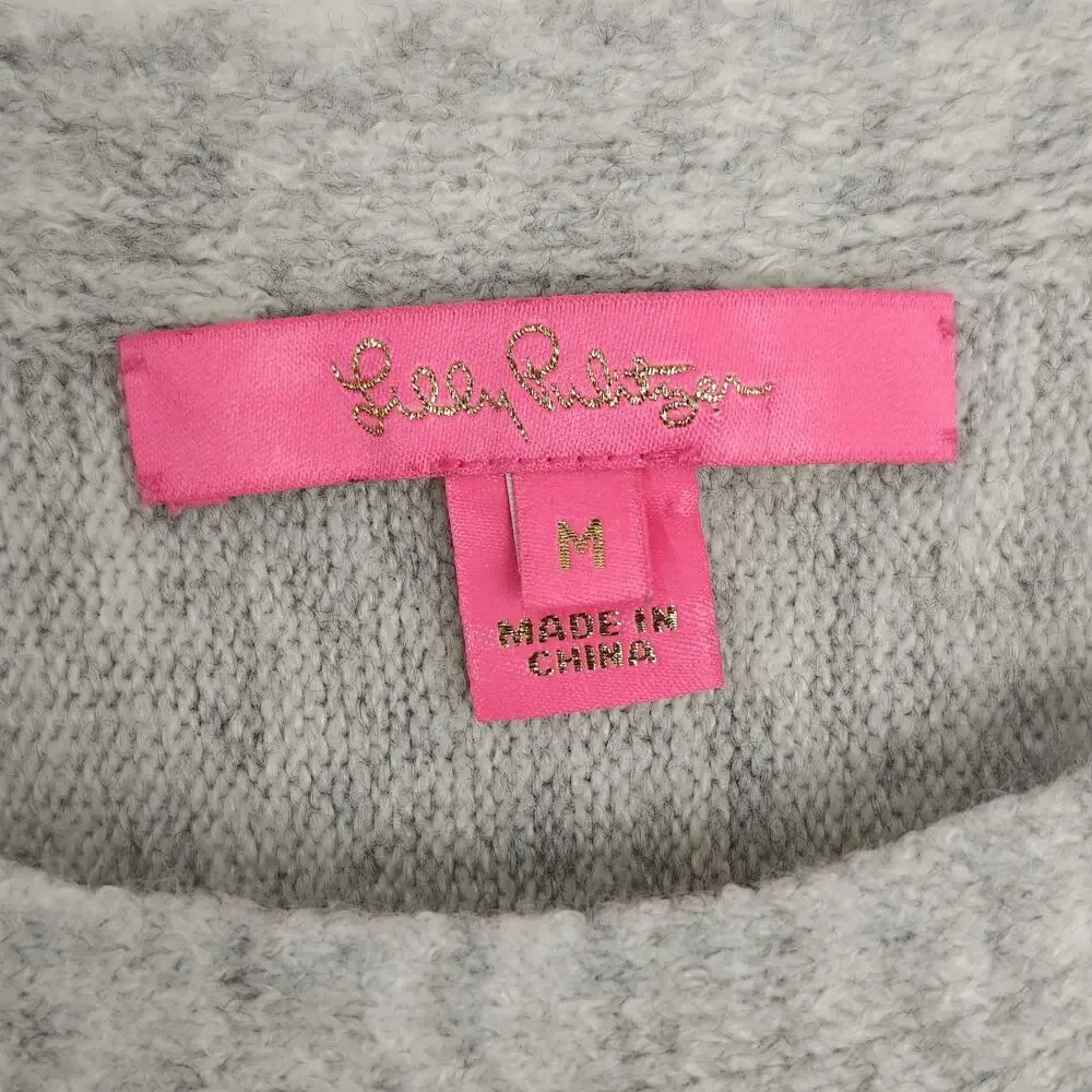 Lilly Pulitzer Arna Pullover Sweater Medium Heathered Seaside Grey Gold Buttons